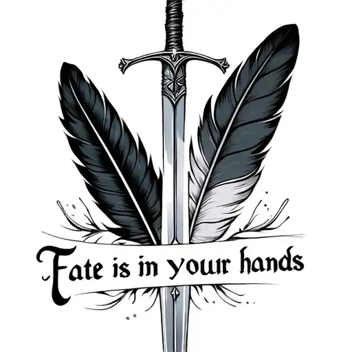 "fate is in your hands" Two feathers, one dark and one light, in the middle of which a sword is placed tattoo design idea