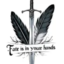 "fate is in your hands" Two feathers, one dark and one light, in the middle of which a sword is placed tattoo design idea