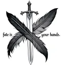 "fate is in your hands" Two feathers, one dark and one light, in the middle of which a sword is placed tattoo design idea