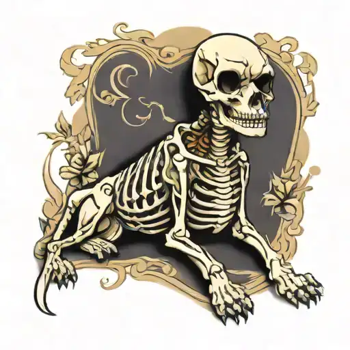 Create a image in traditional tattoo style of a skeleton dog sitting with a human skeleton  tattoo design idea