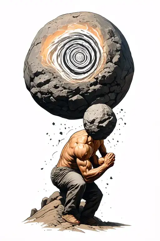 sisyphus pushing a boulder uphill. combined with fibonacci's spiral inside the boulder  tattoo design idea