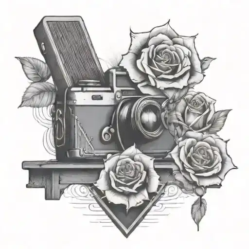 railway tracks,  youth, guitar pick, power, old fashioned camera, beauty and the beast rose, smiley face, hallucinations tattoo design idea
