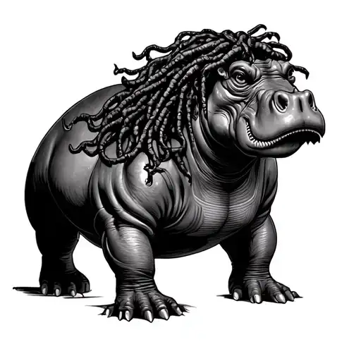 A detailed black ink tattoo design featuring a mystical anthropomorphic hippopotamus with Medusa-style dreadlocks. tattoo design idea