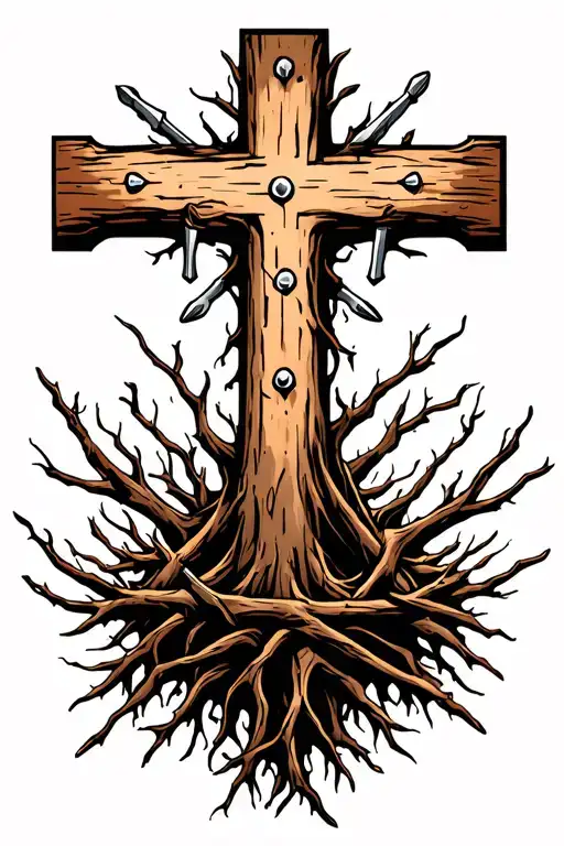  strength cross merging with tree of life add 3 nails  and crown of thorns near roots  tattoo design idea