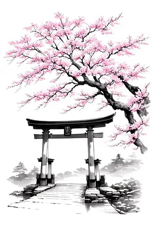 Japanese Torii gate with cherry blossom tree and ambience tattoo design idea