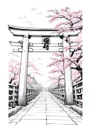 Japanese Torii gate with cherry blossom tree and ambience tattoo design idea