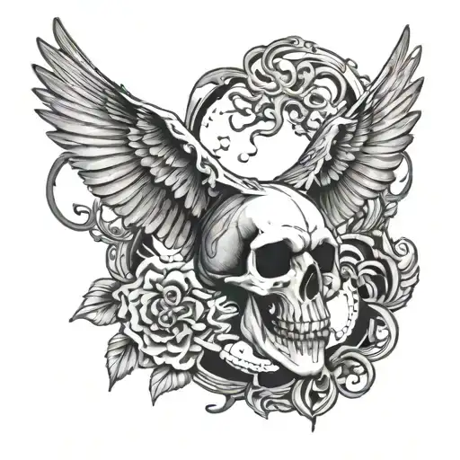 heron flying scary skull tattoo design idea