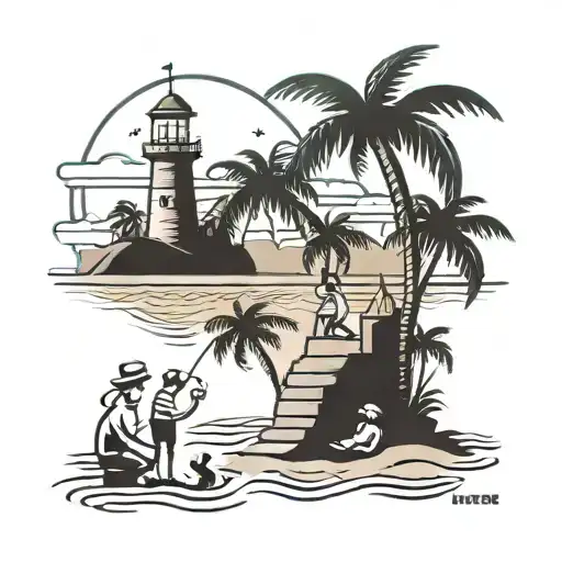 A serene beach scene with palm trees, seagulls, and a family of four building a sandcastle, capturing your favorite things in a traditional style tattoo design idea