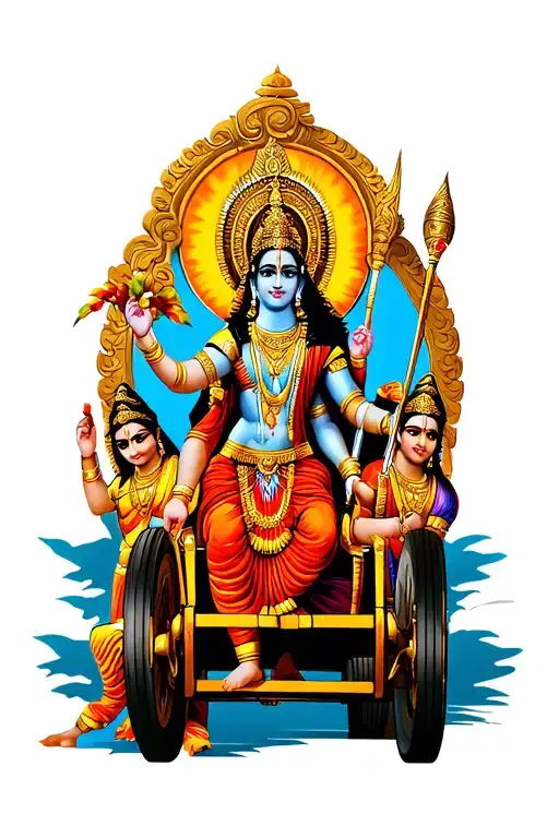 Divine Charioteer Krishna with Arjuna in chariot, surrounded by Maharathis like Bhishma, Karna, Drona, in neo-traditiona tattoo design idea