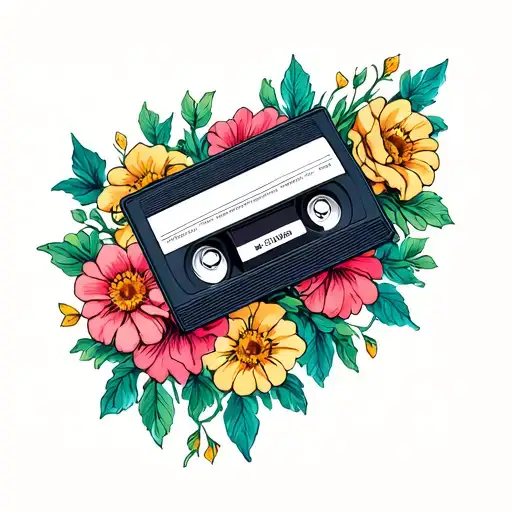 vhs tape with flowers surrounding tattoo design idea