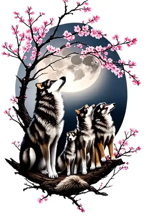 cherry blossoms, Momma wolf and 4 pups howling at a full moon tattoo design idea