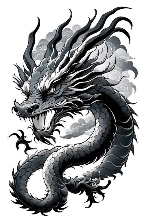 Traditional Japanese Dragon Tattoo, black gray clouds tattoo design idea