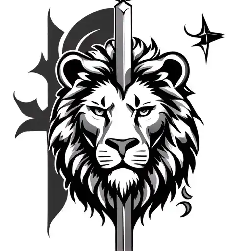 simple lion face with a cross , sword and crescent moon tattoo design idea