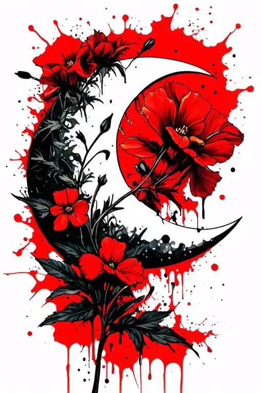 evening primrose, campanula, and balsam in the shape of a crescent moon tattoo design idea