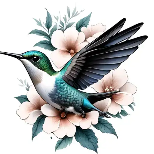 humming bird with flowers tattoo design idea