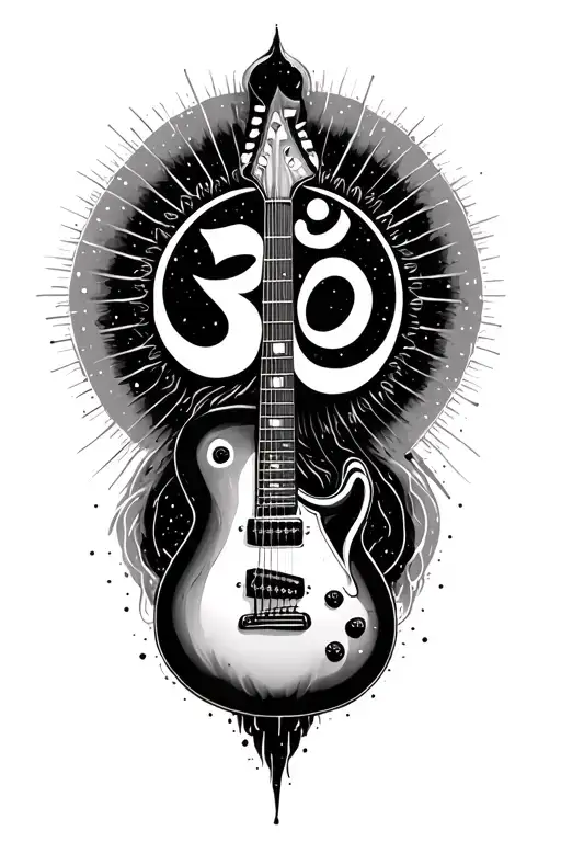 Guitar, Painting, OM and cosmic energy radiating tattoo design idea