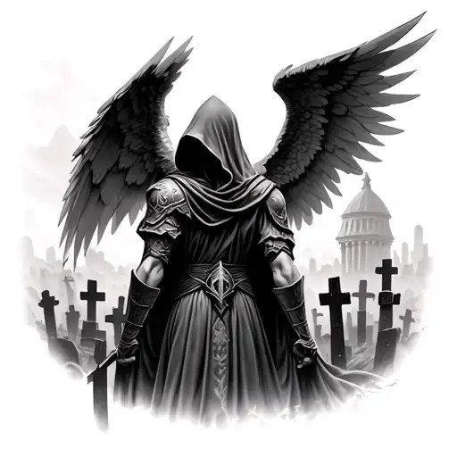 back tattoo of realistic hooded warrior angel with wings in front of a cathedral in graveyard, dark and gothic theme tattoo design idea