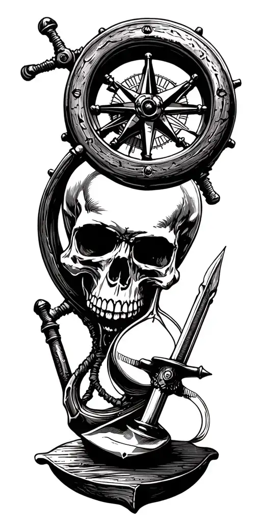 skulls, flintlock pistol, cutlass, quill pen, nautical compass, fouled anchor, ship's wheel, hourglass tattoo design idea