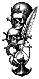 skulls, flintlock pistol, cutlass, quill pen, nautical compass, fouled anchor, ship's wheel, hourglass tattoo design idea