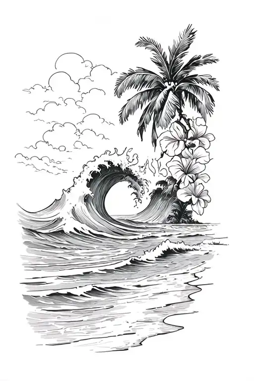  ocean waves crashing on island beach with palm and hibiscus vine on right tattoo design idea