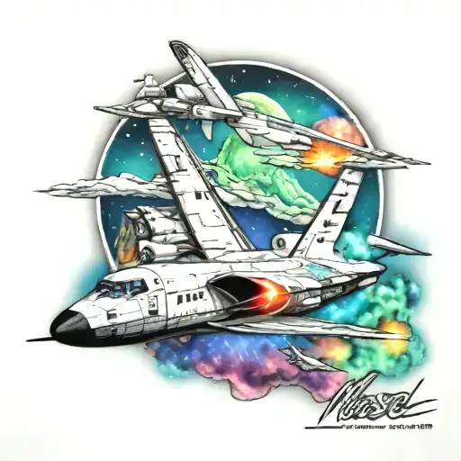 nasa shuttle and mountains with aurora borealis colors tattoo design idea