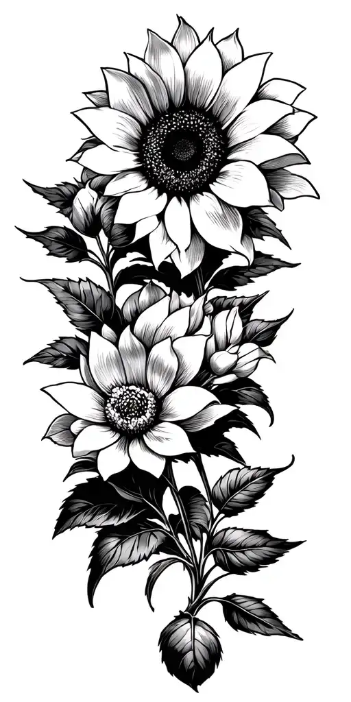 negative space magnolia, sunflower and nightshade  tattoo design idea