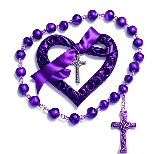 purple ribbon heart rosary, beads intertwined tattoo design idea
