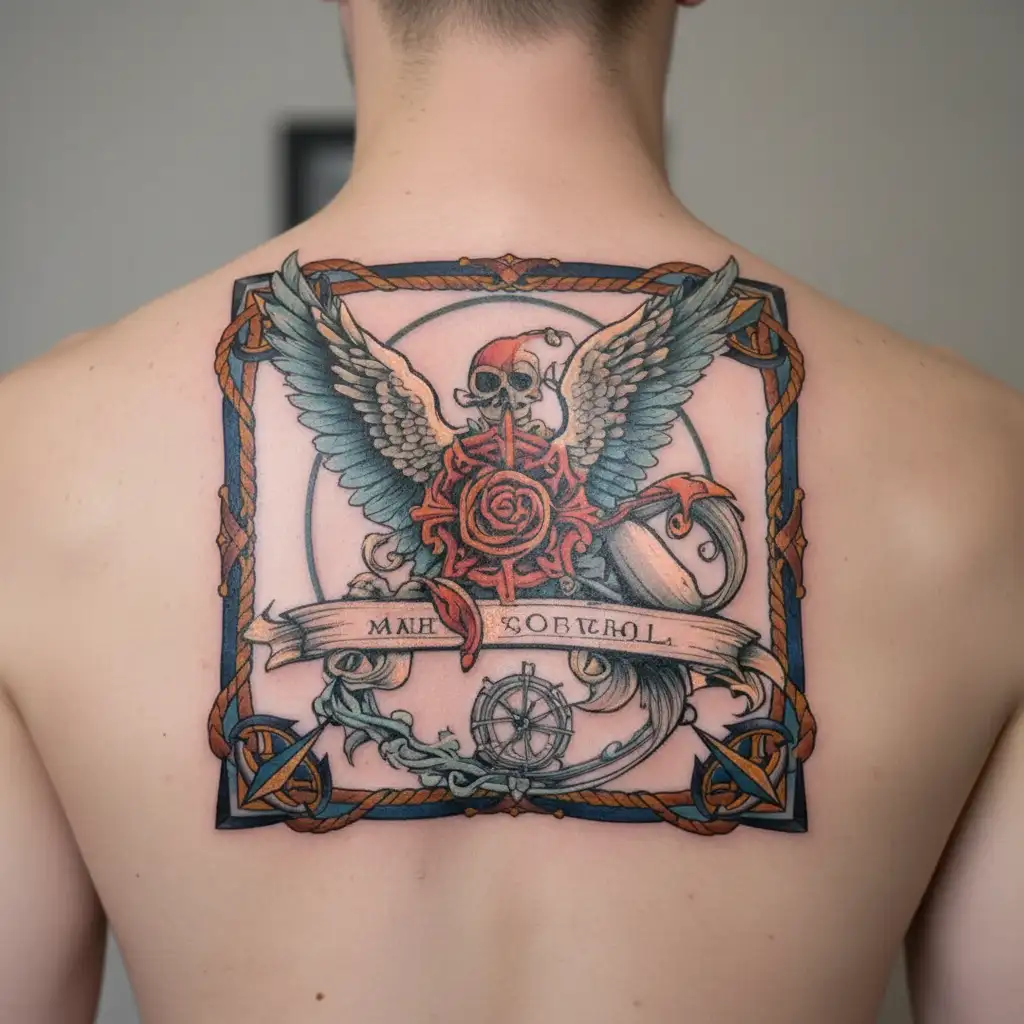 medium size for arm Split wings, with half halo, and horn ontop and libra scale in middle and 666 number under scale tattoo design idea