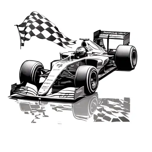 A Formula 1 car with a checkered flag waving in the background tattoo design idea