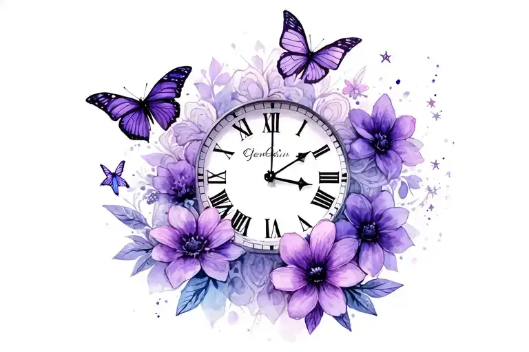 Purple flowers, clock, butterflies, Gemini, mandala, heart, stars, tattoo design idea