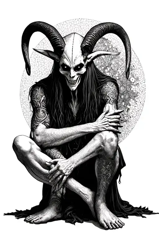 Nameless Ghoul Impera Baphomet posing with crossed legs tattoo design idea