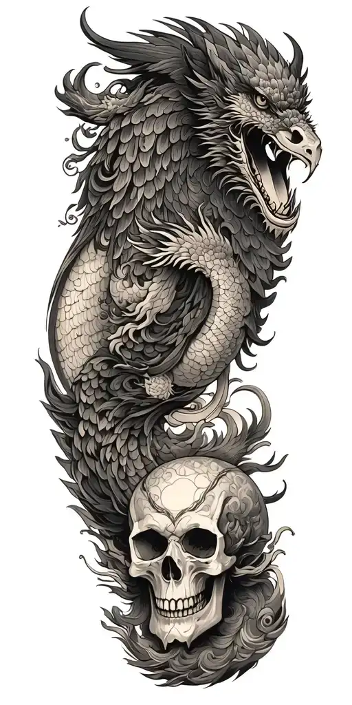 Chinese dragon and phoenix and skull and moon and raven tattoo design idea