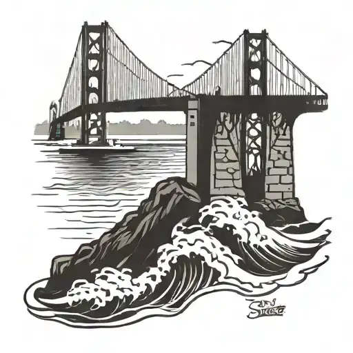 A tattoo design incorporating a silhouette of the Golden Gate Bridge with waves crashing below to symbolize your love for the San Francisco Bay Area and the beach tattoo design idea