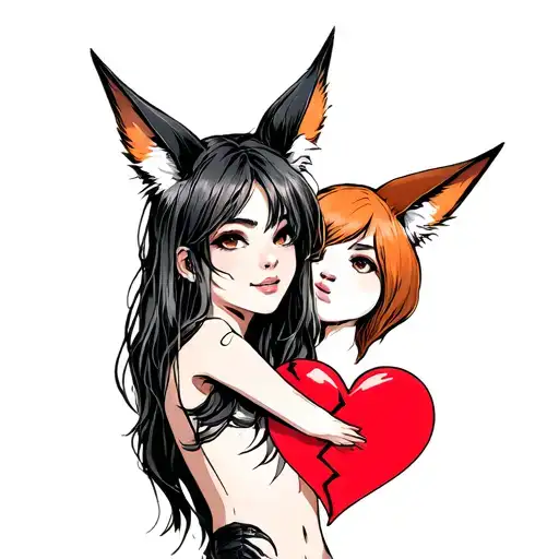 woman with fox ears stitching together a broken heart tattoo design idea