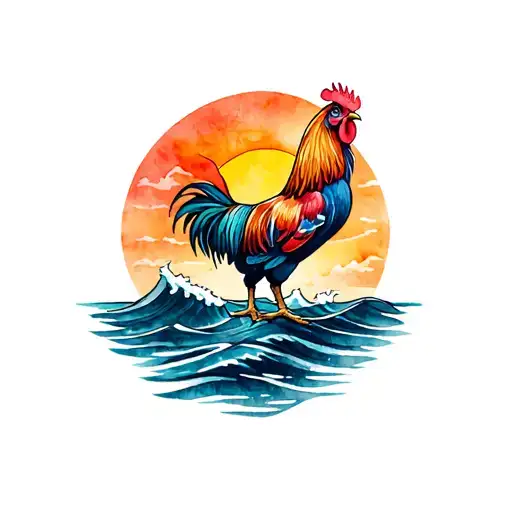 Generate a small tattoo for key west florida that incorporates a rooster, waves, sunset and a palm tree tattoo design idea