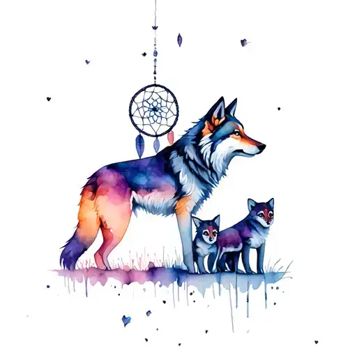 mother wolf with 2 cubs and a dream catcher tattoo tattoo design idea