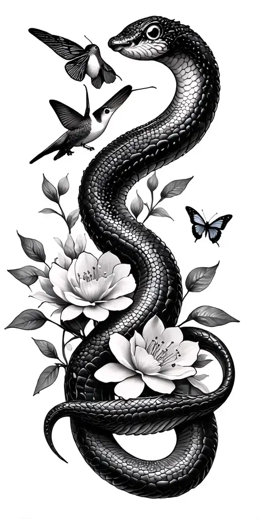 Shakti, cherry blossom, snake, hummingbird, dragonfly, butterflies tattoo design idea