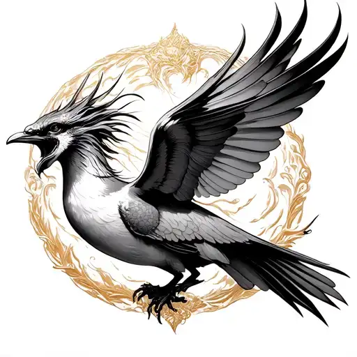 swallow birds flying, with king neptune god, golden dragon tattoo design idea