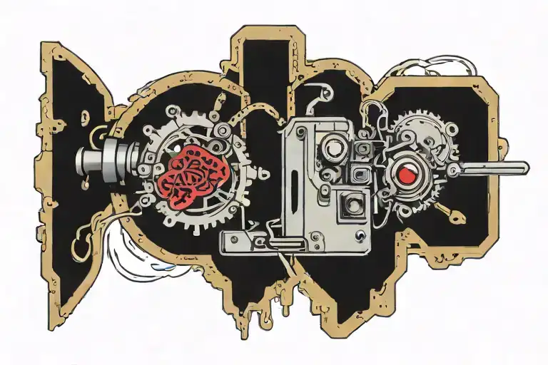steam punk style heart being powered by a floppy disk with MOM written on it tattoo design idea