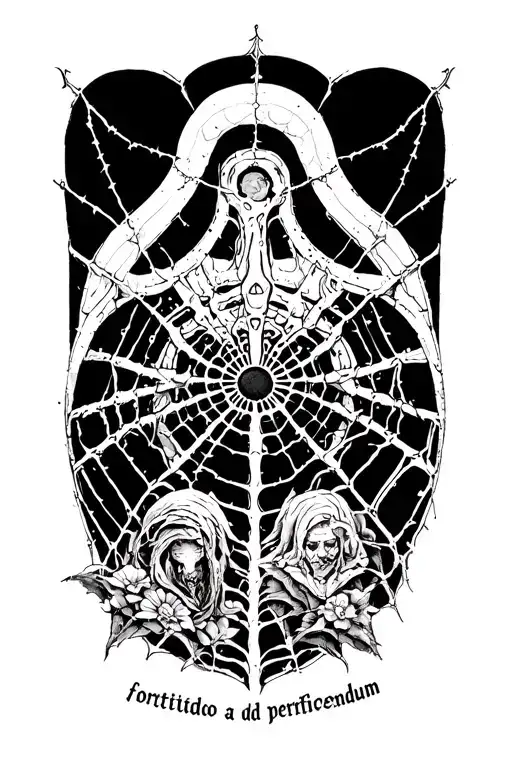 web of wyrd with parentia ad accipiendum above and fortitudo ad perficiendum below tattoo design idea