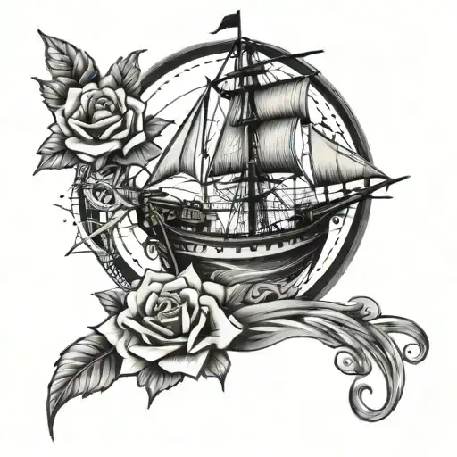 ship and compas rose tattoo design idea