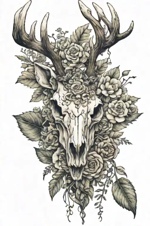 stag skull with antlers that turn into flora thriving tattoo design idea