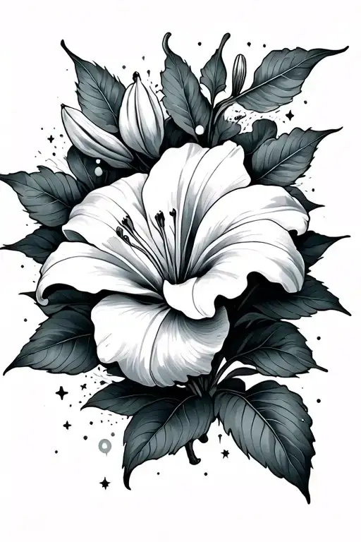 Lilly flower, mountains, Orion's Belt stars, agape tattoo design idea