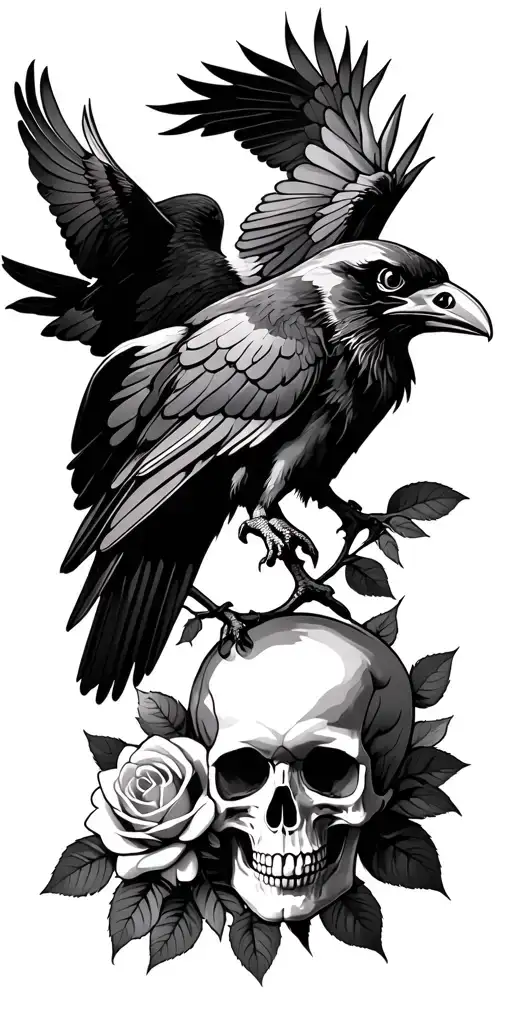 ravens flying, skulls, forest, roses with stems tattoo design idea