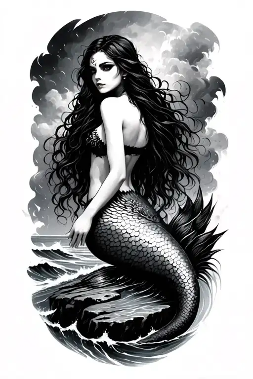 goth mermaid on a rock in a seastorm tattoo design idea