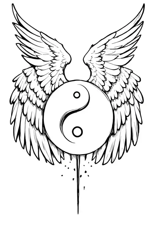 black archangel wings. ying yang symbol above wings tattoo design idea