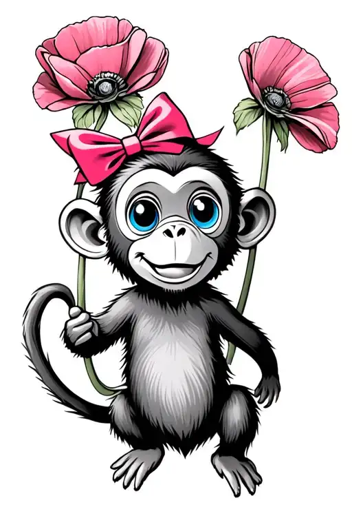 Cartoon monkey with blue eyes and a pink bow swinging on a poppy flower stem  tattoo design idea