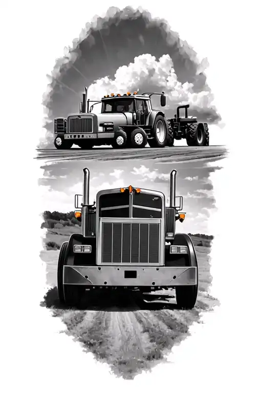 old kenworth semi truck with an old John deer tractor beside it  tattoo design idea