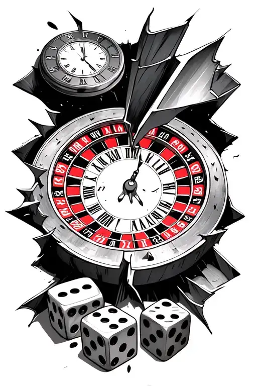 broken roulette wheel with dice and clock embedded tattoo design idea