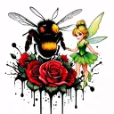 Tattoo with a cute bumblebee and little tinkerbell with roses and looks Gothic tattoo design idea